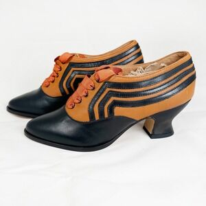 American Duchess Bernadette Edwardian Oxfords Cognac Black 7 French Heel 1920s